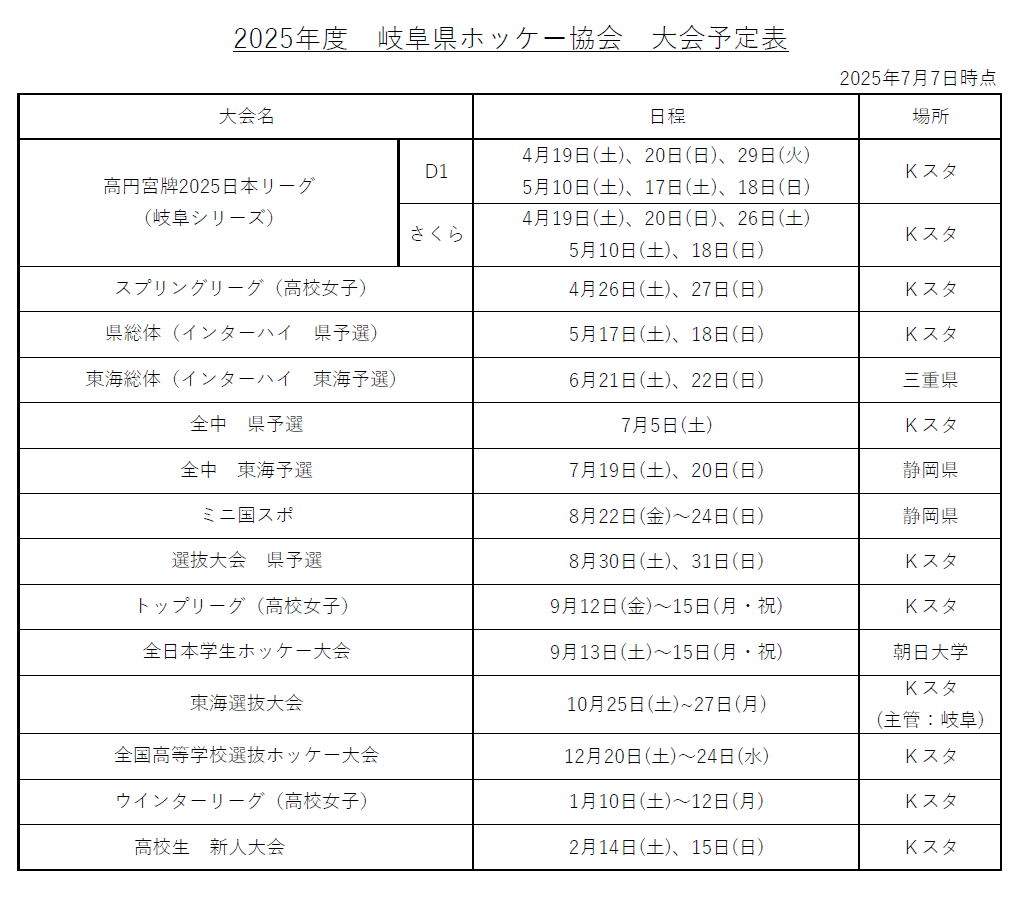 大会日程予定一覧